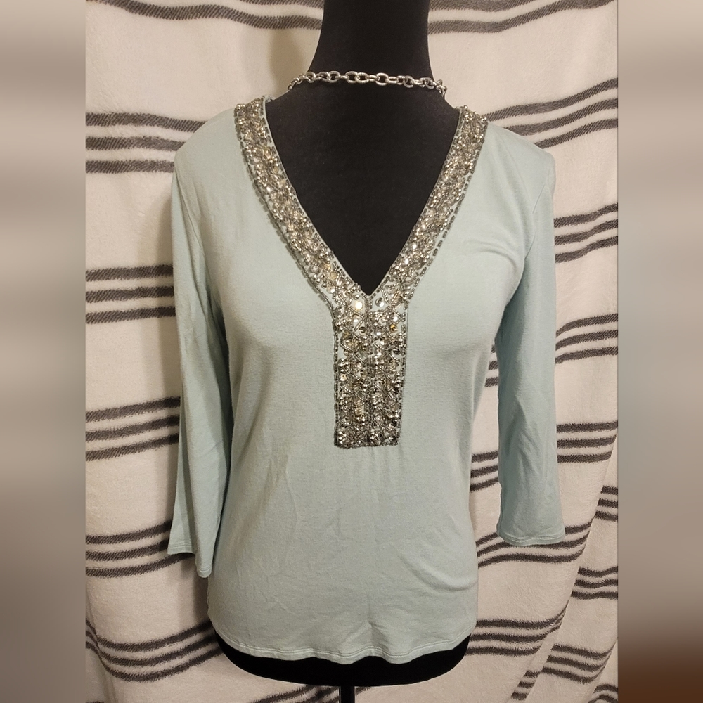 Prominence light aqua, beaded, v-neck, blouse
